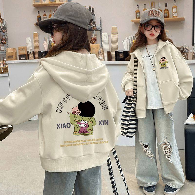 女童连帽卫衣蜡笔小新印花春秋2026新款潮牌宽松大童拉链开衫外套