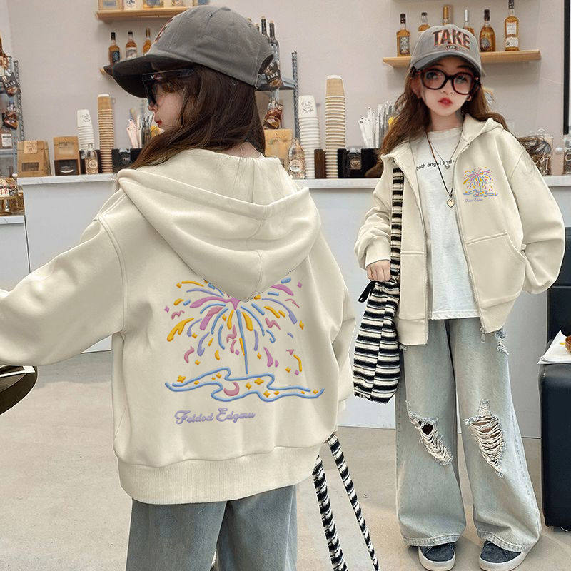 韩版女童杏色开衫外套春季连帽卫衣2026新款中大童加绒秋装上衣潮