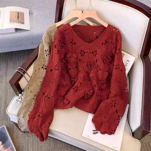 欧洲站v领纯色钩花针织衫女秋季新款慵懒风洋气罩衫百搭休闲上衣