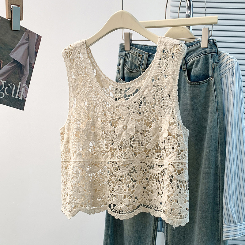 法式复古钩花镂空蕾丝背心女夏季外穿无袖罩衫针织外搭短款马甲潮