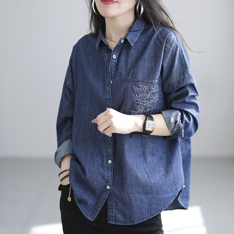 外贸出口大牌剪标牛仔衬衫女复古设计感POLO领宽松大码别致衬衣潮