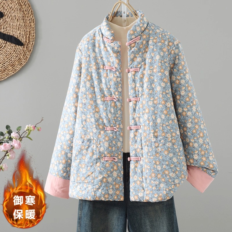 新中式复古撞色盘扣碎花棉衣外套女冬装加厚保暖宽松国风禅意棉袄