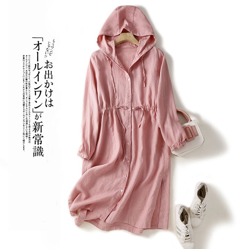 外贸女装剪标纯亚麻中长款防晒衫薄款设计感小众抽绳风衣连帽外套