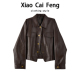 黑色短款 酷飒风休闲夹克上衣 翻领PU皮时尚 皮衣外套女2025新款 秋季