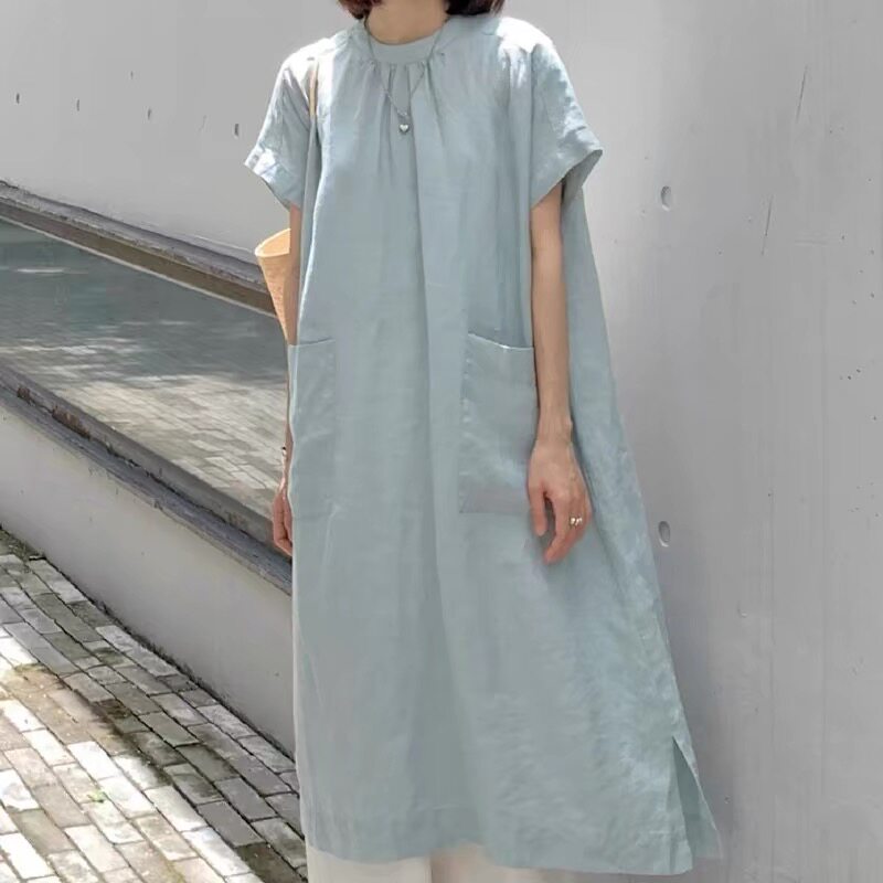 日系法式气质慵懒风大口袋圆领连衣裙女夏季薄款文艺风度假长袍子