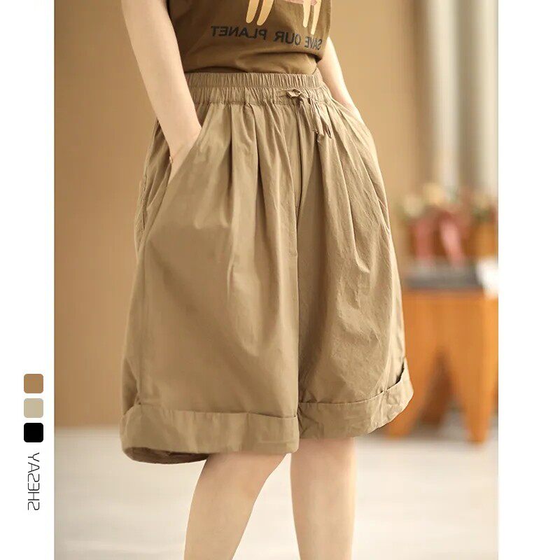 清仓捡漏~外贸出口大牌剪标棉麻阔腿短裤女休闲卷边亚麻五分裤裙