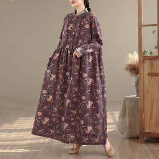 慵懒风宽松遮肉大摆长裙 2026款 大码 胖mm复古棉麻碎花连衣裙女春季