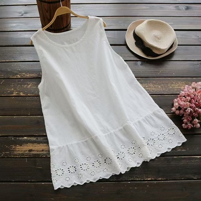 白色刺绣小背心女夏季文艺清新蕾丝花边拼接下摆叠穿吊带打底坎肩