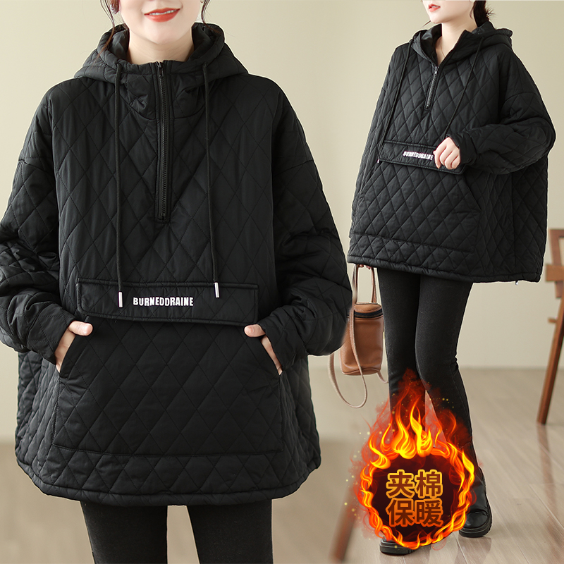 复古菱格连帽抽绳卫衣式棉服女秋冬大码韩版宽松显瘦夹棉外套上衣