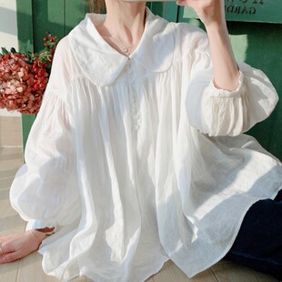 独特漂亮娃娃领衬衣宽松亚麻套头上衣 女夏季 日系白色棉麻长袖 衬衫