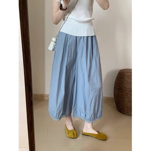 韩系白色亚麻灯笼裤女夏季薄款宽松休闲拼接镂空蕾丝棉麻九分裤裙