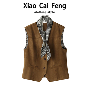 欧货带丝巾麂皮绒马甲短外套女春秋帅气复古无袖 叠穿V领马夹坎肩