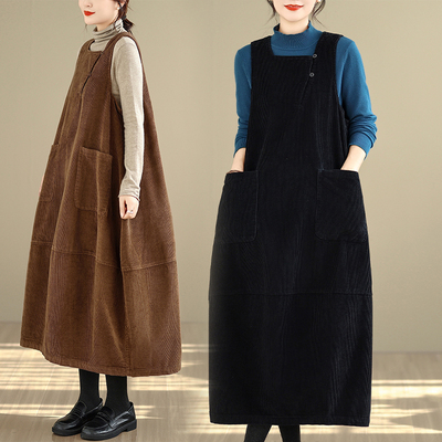 美拉德咖色灯芯绒背心裙女秋冬大码宽松气质外穿中长后开叉连衣裙
