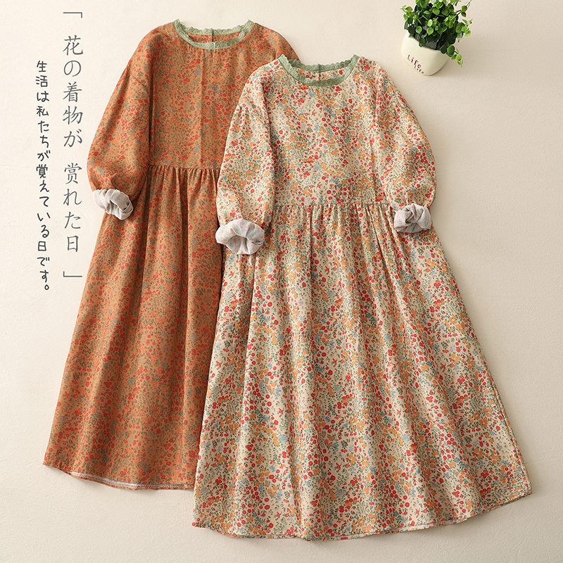 森系小清新花边领碎花长袖连衣裙女春季新款宽松遮肚显瘦棉麻长裙