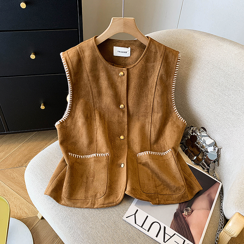 美拉德复古麂皮绒无袖马甲背心女秋装气质叠穿百搭坎肩开衫马夹潮