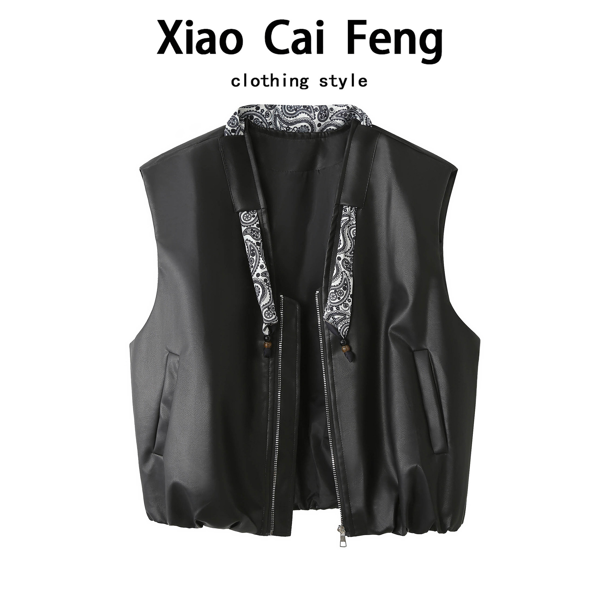 韩版时尚pu皮衣v领马甲背心女秋装设计感配丝巾百搭马夹短款外套