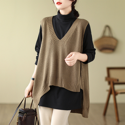 设计感中长款V领宽松棉线针织衫女秋季不规则马甲背心毛衣外套潮