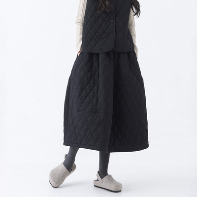 日系菱格绗缝夹棉A字半身裙女冬季保暖加棉花苞裙子复古高腰半裙