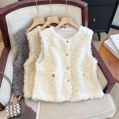 高级皮毛一体圆领坎肩马甲女秋冬大码胖mm洋气羊羔绒保暖马夹外套