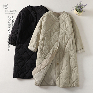 撤柜奥特莱斯捡漏日系棉服女冬季中长款过膝薄款菱格棉衣外套