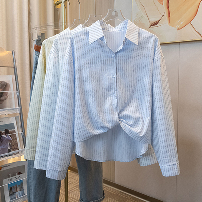 大码胖mm韩系清新条纹翻领衬衫女春秋宽松显瘦内搭超好看打底上衣