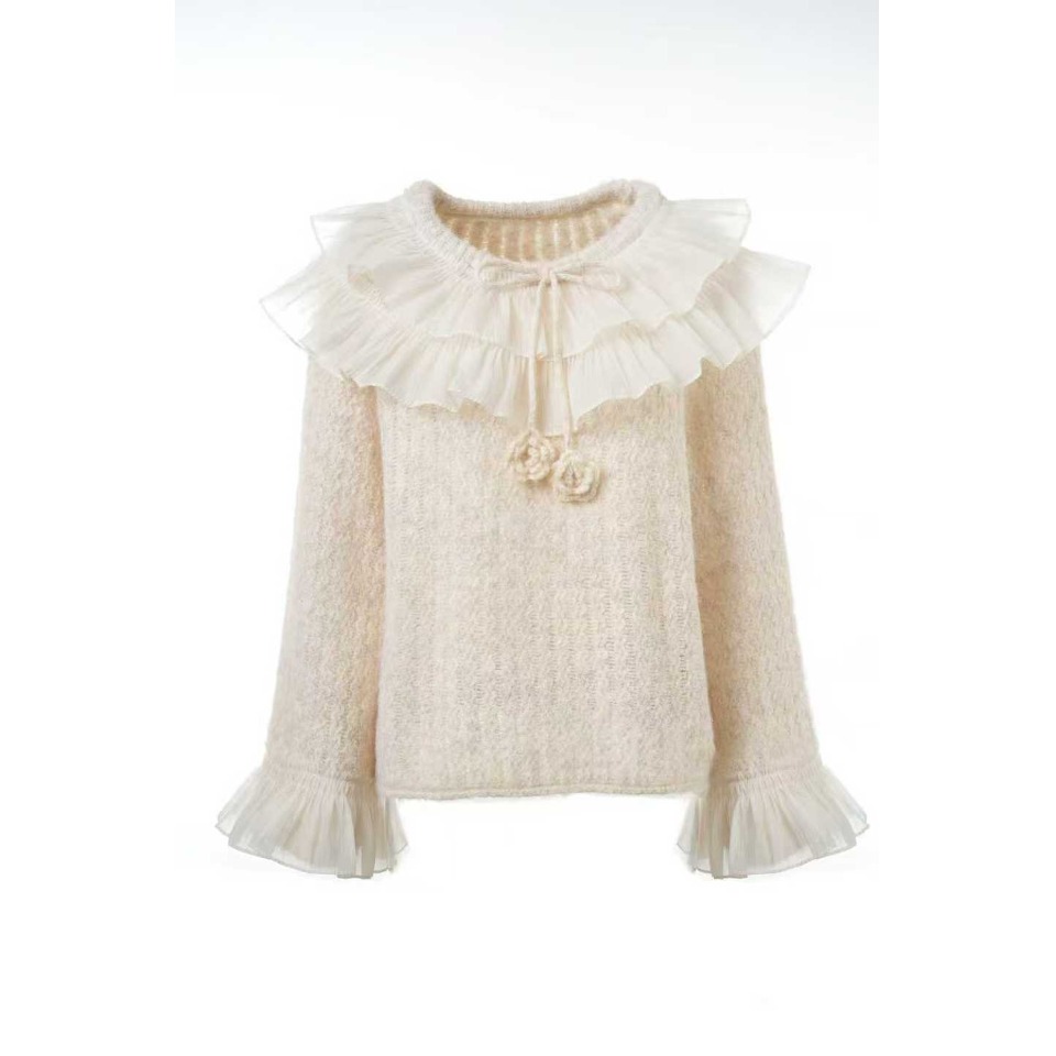 韩系减龄绝美荷叶边针织毛衣女秋冬洋气时髦百搭外穿保暖套头上衣