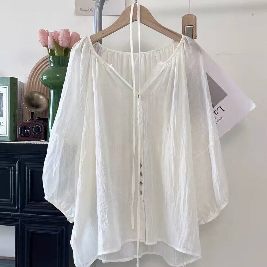 宽松慵懒风灯笼袖衬衫女夏季设计小众长袖复古薄款V领娃娃衫上衣