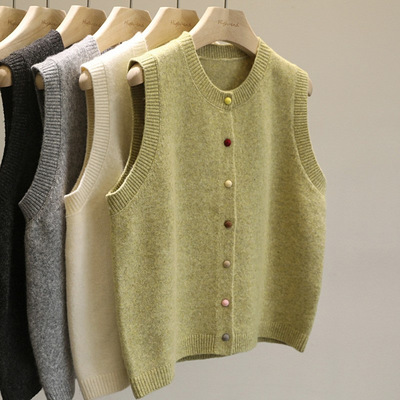 韩系时尚彩扣针织马甲背心女春秋休闲减龄叠穿毛衣坎肩开衫上衣潮