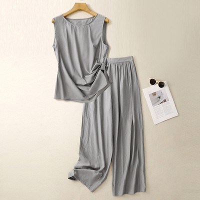设计感时尚掐腰亚麻背心套装女夏季新款高端苎麻阔腿休闲裤两件套