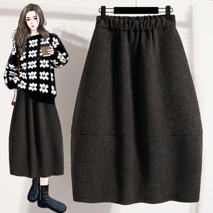 休闲气质毛呢半身裙女秋冬新款大码胖mm高腰宽松显瘦中长款花苞裙