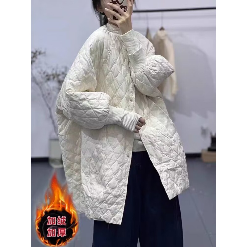 日韩外贸出口品牌尾货轻薄羽绒棉服女秋冬气质减龄中长款菱格棉衣