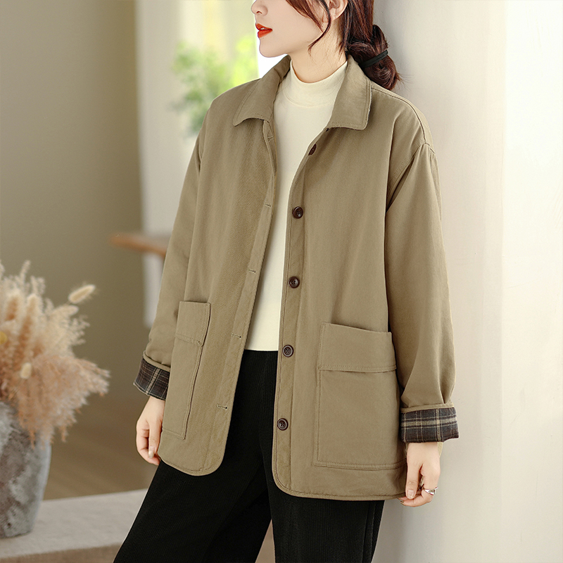 卡其色复古棉衣外套女秋冬新款慵懒宽松显瘦百搭加厚保暖翻领上衣