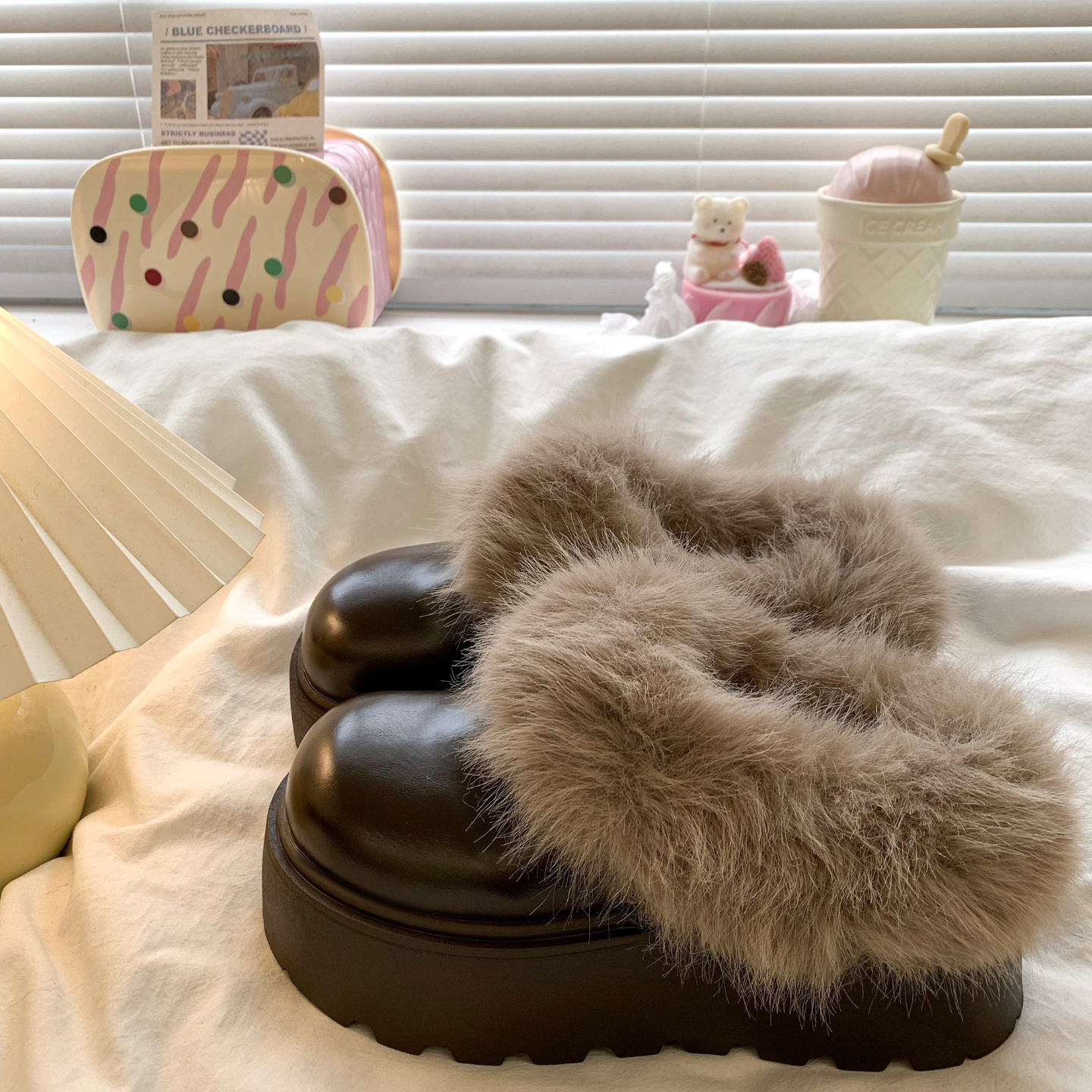 特价增高厚底包头半拖鞋女外穿加绒毛毛拖鞋新款冬季防水勃肯棉拖