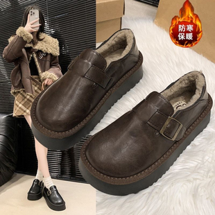 品牌厚底皮面勃肯鞋女防水雪地靴加绒小皮鞋2025新款冬季乐福棉鞋