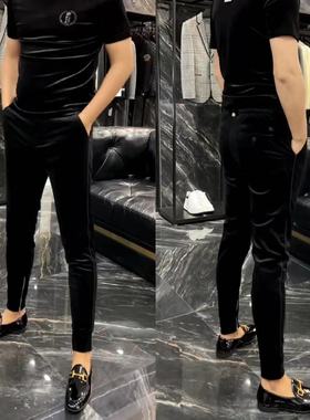 21152欧货春季男士休闲丝绒拉链小脚裤无痕男长裤子商务修身男裤