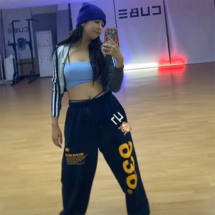 ins潮 子休闲卫裤 藏蓝印花939运动裤 女秋冬纯棉宽松束脚直筒阔腿裤