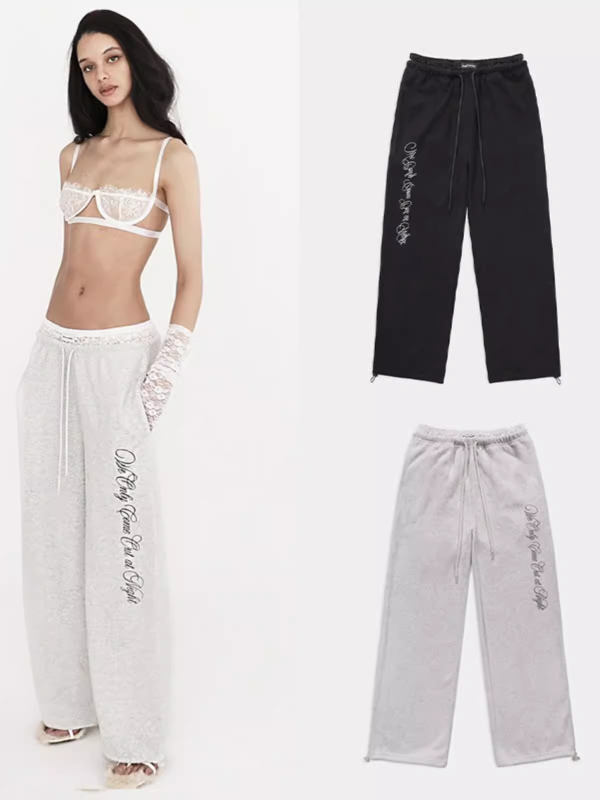 韩国badblood裤子蕾丝边辣妹小众休闲裤长裤字母刺绣宽松运动裤潮