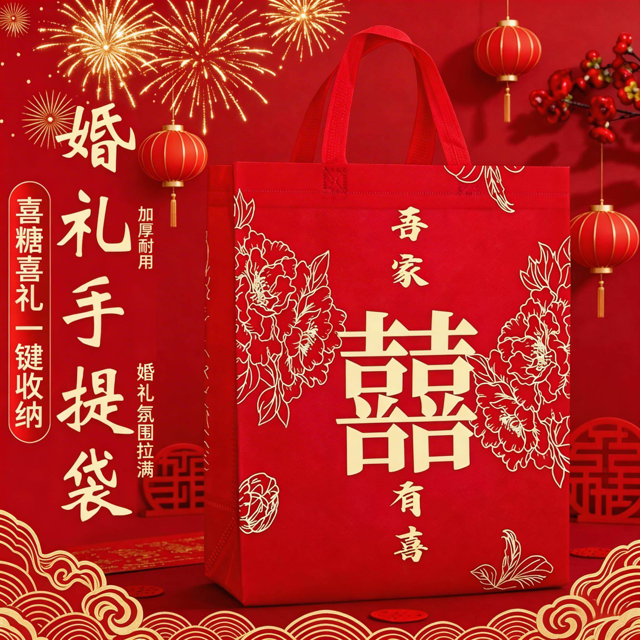 红色结婚手提袋专用喜糖袋子订婚大号婚礼婚庆礼品烟酒无纺布包装