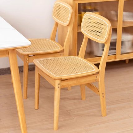 中古风餐椅家用凳子藤编椅轻奢实木靠背椅子小户型客厅餐桌吃饭椅