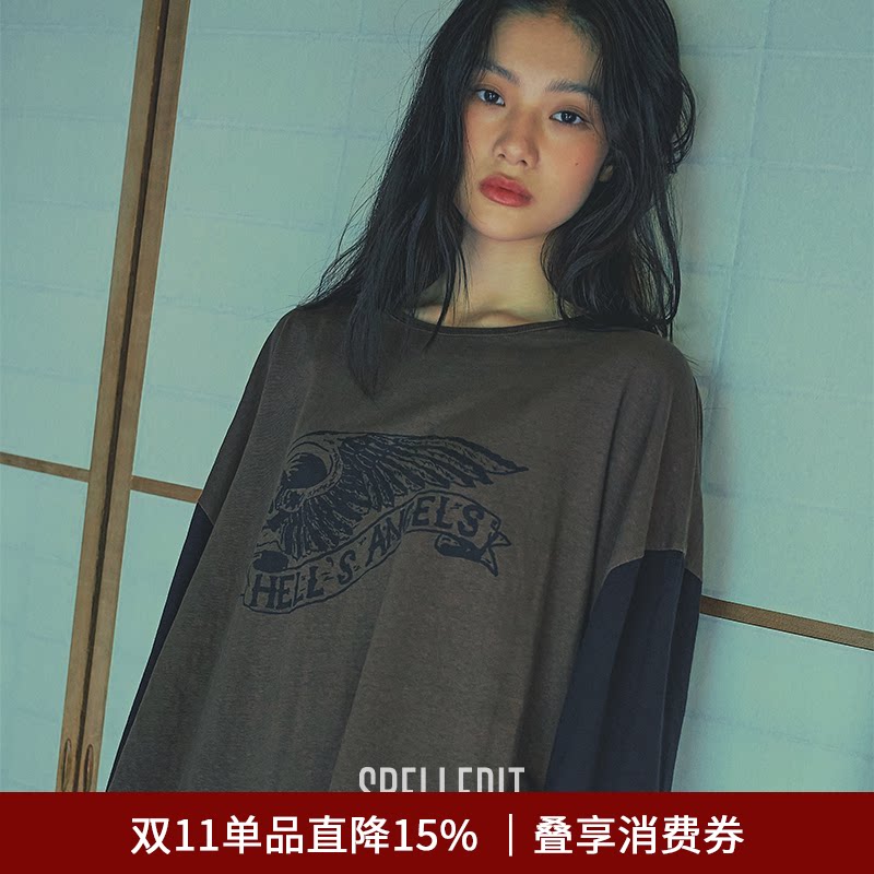 SPELLEDIT2026冬季新品拼色长袖T恤复古落肩版型慵懒风长袖上衣女