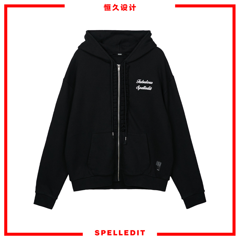 SPELLEDIT韩版荷叶边拉链外套棉质连帽休闲宽松上衣女