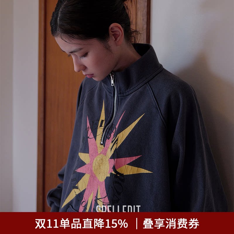 SPELLEDIT2026秋季新品阳光高领半拉链卫衣个性印花设计感上衣女