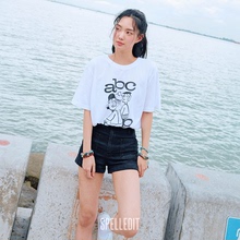 SPELLEDIT2025夏季新品弹力卷边短裤时尚休闲黑色修身牛仔裤子女
