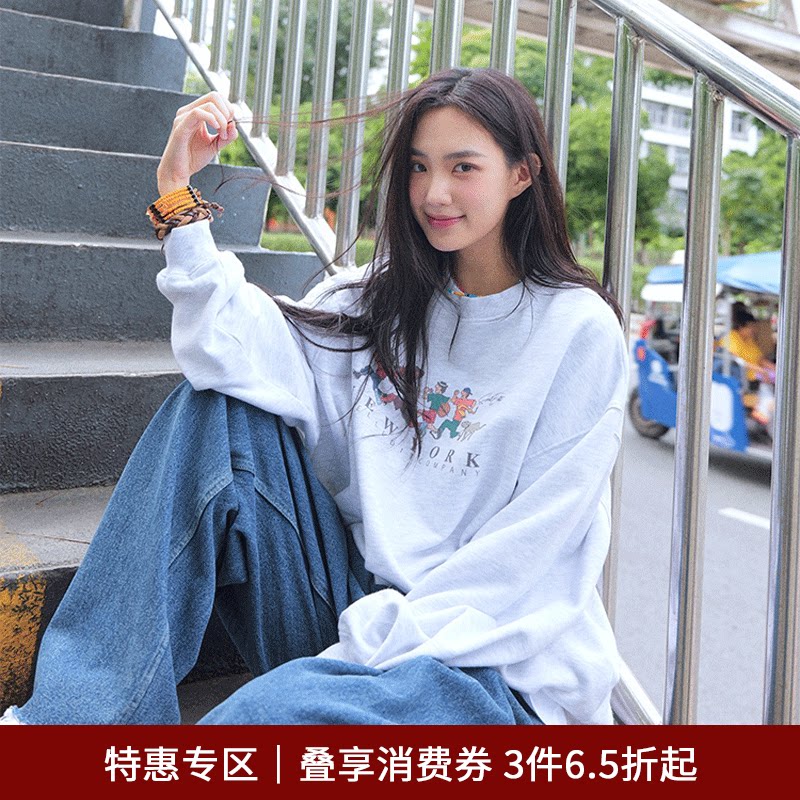 SPELLEDIT韩版设计复古马拉松卫衣宽松慵懒简约长袖上衣女