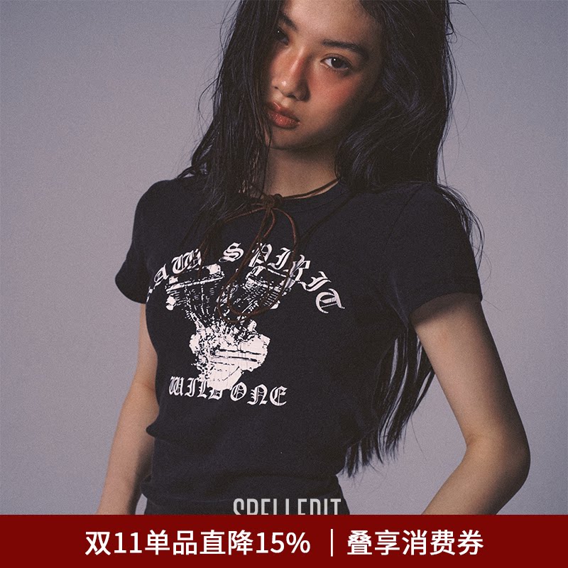 SPELLEDIT2026秋季新品工具修身T恤复古印花显瘦休闲短袖上衣女