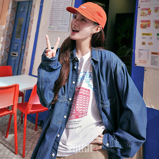 SPELLEDIT2025年秋季 深蓝色上衣外套宽松女 新品 隐扣设计牛仔衬衫