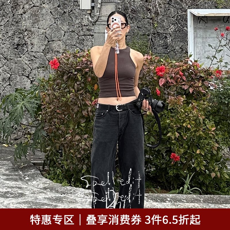 SPELLEDIT2026新品宽松牛仔喇叭裤黑色复古休闲系带长裤子女
