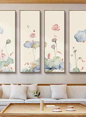 新中式沙发背景墙装饰画挂画壁画四联茶室禅意荷花客厅玄关墙网红
