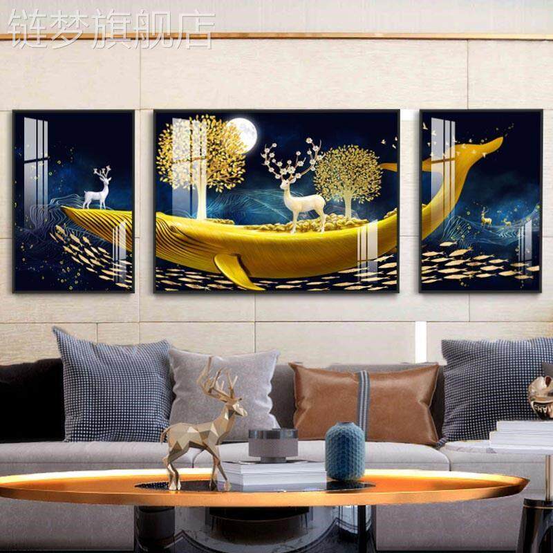 网红客厅饰抽画沙联发背景墙画象装轻奢鹿三画卧麋室温馨挂画晶瓷