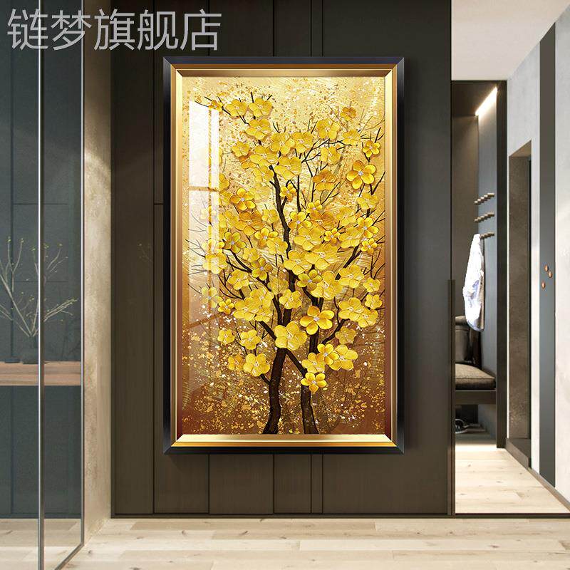网红发财树玄高关装饰画欧挂式轻奢入户走廊壁画现代竖版档黄金过